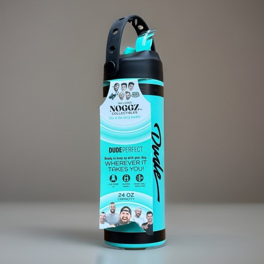 NWT Dude Perfect 24oz Water Bottle Teal w Handle & Leakproof Lid Missing Charms